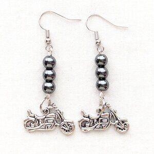 Motorcycle Dangle Earrings Hematite Beaded Bold Handmade Bike Biker Moto Jewelry